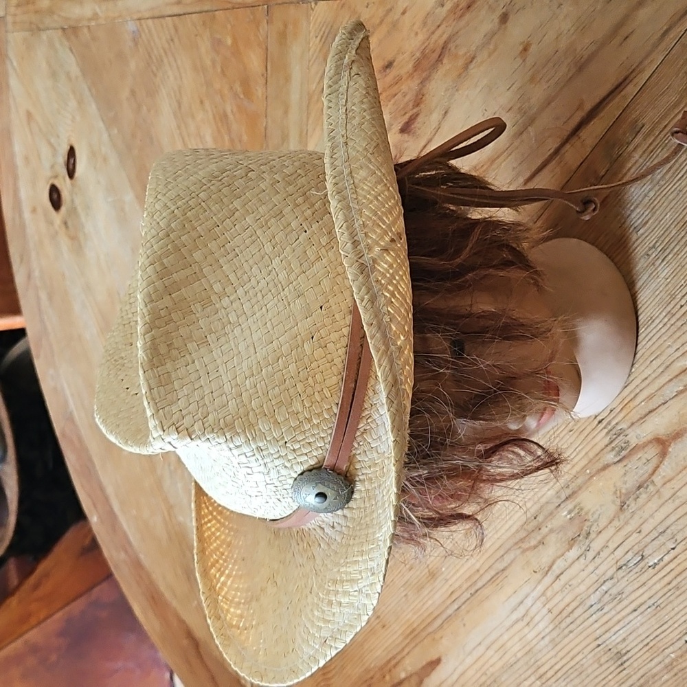 Woman's Stetson U.S.A. X-Large 7 1/2- 7 5/8 Straw Cowboy Hat Leather Chin Strap - Picture 2 of 9